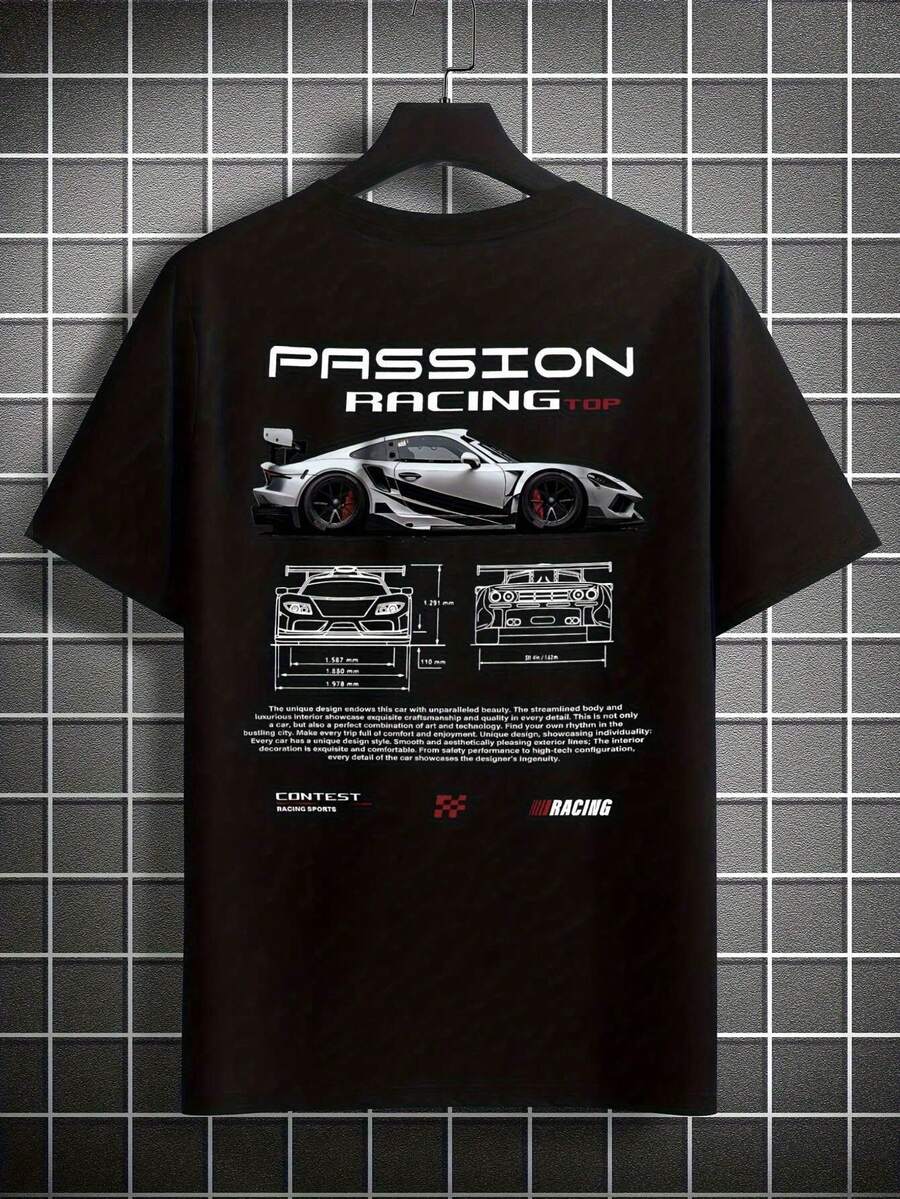 Passion Racing Unisex Graphic T-Shirt, White, Lightweight, Breathable, Short Sleeve, Round Neck, With Front And Rear Car Design, Casual Sporty Style For Training, Running, Outdoor Activities, Vacation, Lightweight Fabric - 黑色 - 查看 1