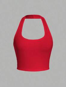Camiseta de tirantes de ajuste ceñido con cuello halter, color liso y corta, de estilo minimalista y casual para mujer, de verano - Rojo - Ver 6
