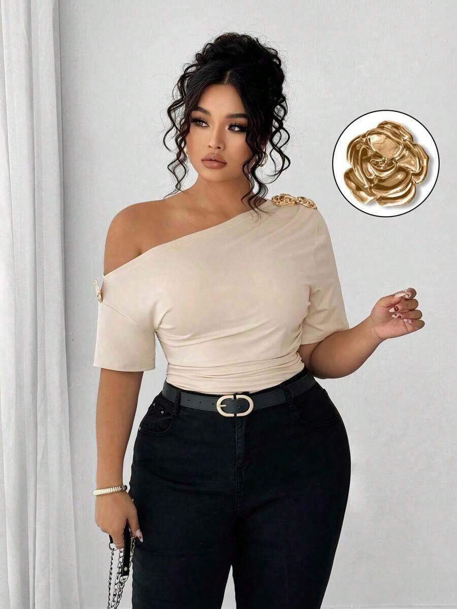 Blusa de talla grande para mujer elegante, personalizada, de moda, versátil, con un solo hombro, adecuada para uso diario - Albaricoque - Ver 1