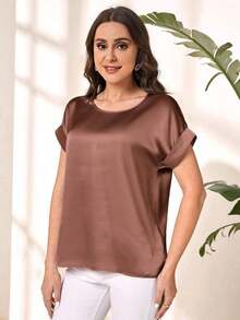 Blusa suelta elegante de verano para mujer con cuello redondo, mangas cortas tipo murciélago y unicolor - Blusas de manga corta - Marrón - Ver 3