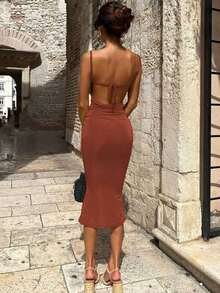 Vestido de mujer de unicolor con escote sexy y espalda descubierta, sexy y elegante, adecuado para fiestas, vacaciones y salidas nocturnas, fiesta de primavera/verano - Marrón - Ver 3