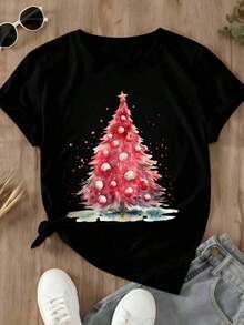 Camisetas de manga corta para mujer - Camiseta blanca de Navidad - Corte holgado - Árbol de Navidad en acuarela con adornos rojos y estrella dorada - Tela suave y transpirable - Manga corta - Cuello redondo - Top para fiestas navideñas - Copo de nieve rosa y dorado. - Negro - Ver 2