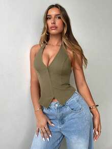 Top halter con cuello en U sexy y diseño abierto en la espalda para mujeres - Verde militar - Ver 7