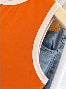 Camiseta de tirantes casual y versátil con ribete de contraste y cuello redondo para el verano - Naranja - Ver 5
