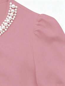 Blusa casual elegante de mujer con cuello redondo en color champán, cuello en V, manga corta abullonada, con adornos de perlas falsas, corte holgado, adecuada para ir a trabajar, elegancia cotidiana.Elegante, casual, atuendo casual para mujer, ro - Rosa - Ver 5