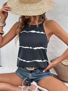 Top sin mangas de verano casual con estampado de rayas y cuello halter para mujer - Gris - Ver 3