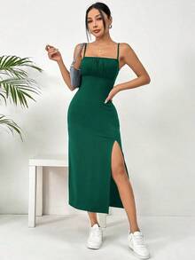 Vestido midi de leopardo con abertura lateral y tirantes - Verde Oscuro - Ver 1