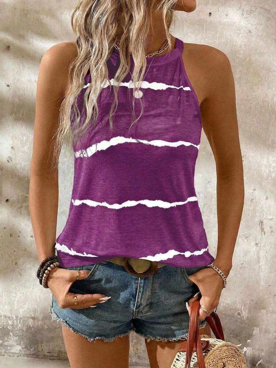 Top sin mangas de verano casual con estampado de rayas y cuello halter para mujer - Morado - Ver 1