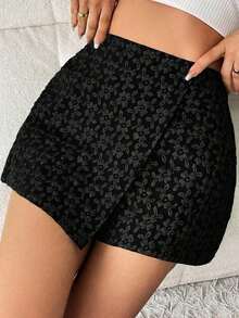 Falda pantalón elegante de unicolor con textura jacquard, para el Día de San Valentín - Negro - Ver 5