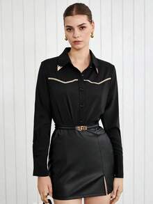 Camisa recta de color negro sólido con bordado de contraste para mujer, blusa elegante de manga larga para uso en la oficina, casual de negocios y ocasiones formales - Negro - Ver 4