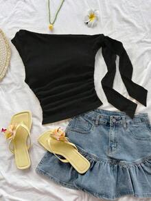 Blusa ajustada de cuello asimétrico con volantes y lazada, en color amarillo pálido, apta para fiesta, vacaciones, festival de música, estilo bohemio, citas y té de la tarde - Negro - Ver 9