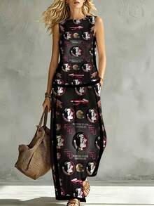 N-F-L Plus Size Women's Florida State Seminoles Logo Slub Linen Look Contrast Trim Sleeveless Tank & Straight Leg Pants Set Stylish Streetwear, Ideal For Outdoor Travel & Gifting - phong cách - Xem 3