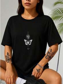 100% Cotton Women's Short Sleeve T-Shirts With Butterfly Flower Print, Round Neck Casual Black Cartoon Print Women's T-Shirts - 黑色 - 查看 4