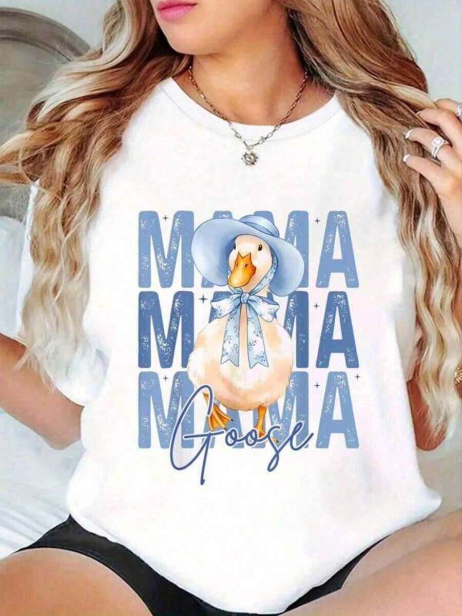Camisetas Casuales para Mujer, Camisetas 100% Algodón, Camiseta Mama Goose Azul Vintage para el Día de la Madre, para Amantes de las Gansas, Transpirable y de Ajuste Cómodo, Manga Corta, Cuello Redondo, para Todas las Temporadas, Camisetas Gráficas para Mujer, Estilo Y2K, Camisetas de Moda de Verano, Conjuntos y Tops Casuales de Streetwear - Blanco - Ver 1