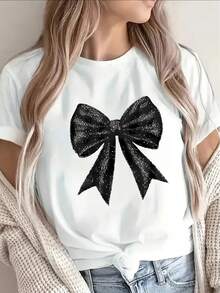 Camiseta de manga corta con diseño de lazo brillante, ligera y duradera para uso casual, perfecta para salidas diarias, el hogar o restaurantes, con un ajuste cómodo y un estilo elegante - Blanco - Ver 6