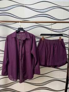 Linen Shirt And Shorts Set (2 Pieces), Lined With Elastic. - Purple - View 5