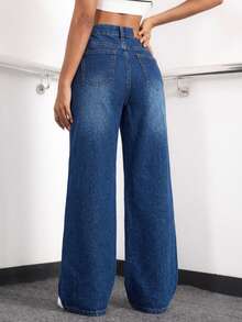 Straight Cut High Waist Jeans Minimalist And Timeless Style. - Navy Blue H2KA03 - View 5