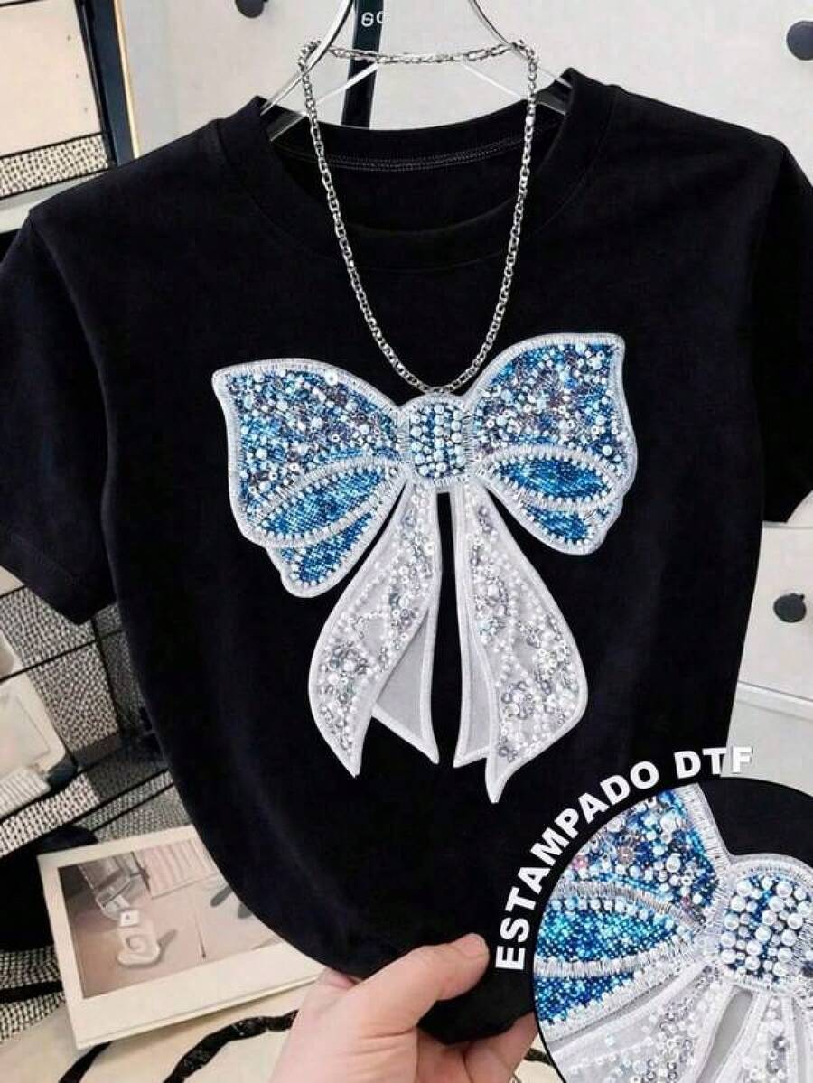 T-Shirt With A Bow Design Featuring Embroidered Details And Beads, But It's A Print, Casual, Modern, Round Neck, Short Sleeves, Ideal For Everyday Wear, Eye-Catching, Loose-Fitting, Fashionable, Perfect For You. - 黑色 - 查看 1