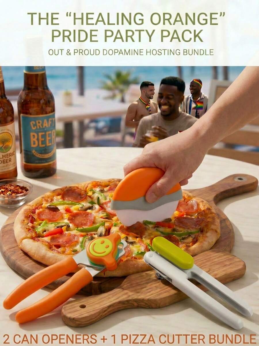 X-O CHEF LAB "Healing Orange" Pride Party Pack - 3-Piece Bundle: Wavy Blade Pizza Cutter, Smile Face Can Opener & Matte Matcha Green Rotary Opener | Dopamine Kitchen Essentials For Inclusive Outdoor Gatherings - View 1