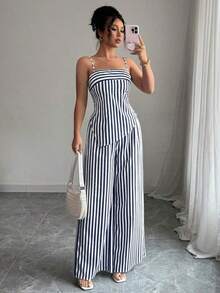 Conjunto casual de 2 piezas con top de tirantes asimétrico a rayas y pantalones de pierna ancha para mujer - Gris - Ver 6