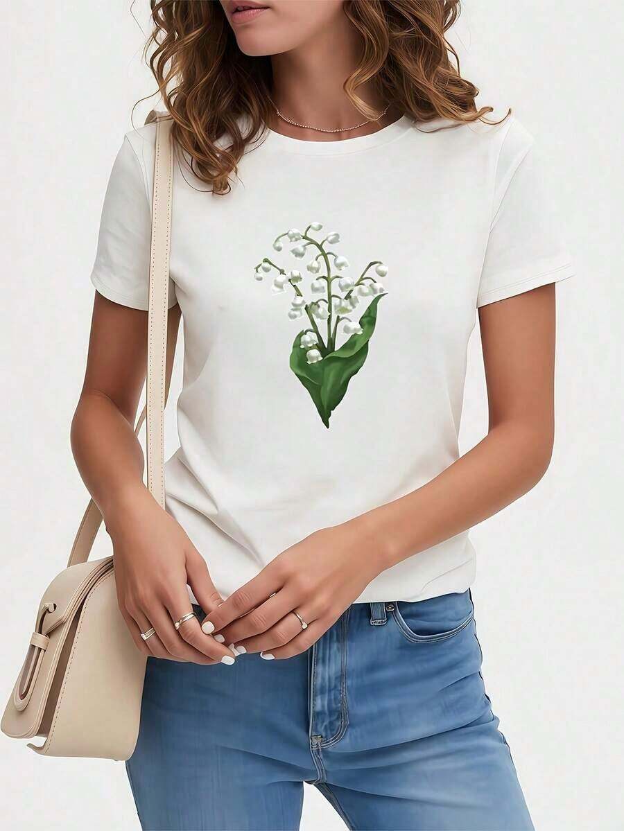 Women's Graphic Holiday T-Shirt - Lily Of The Valley Print Crew Neck T-Shirt, Non-See-Through, Everyday Wear, Machine Washable, Suitable For Office, Vacation, Gift (Casual Style For All Seasons), Comfortable Fit, Lightweight Short Sleeve Top, Stylish, Women's Office Wear, 100% Cotton, Retro Summer Holiday Fun Print T-Shirt In Plus Sizes - 白色 - 查看 1