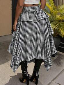 High-Waisted Loose Tie-Up Plaid Red & White Retro Style Skirt , Asymmetric Hemline, Vacations, Summer & Autumn, Special Occasions Black - Black - View 3
