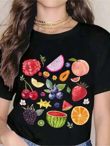 Casual T-Shirt With Fruit Print, Women's Graphic Tee, Summer Casual Top With Watermelon, Strawberry, Cherry And Orange Print, Loose Fit, White T-Shirt 100% Cotton, Durable - 黑色 - 查看 1