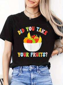 Women's Casual Short Sleeve Crew Neck T-Shirt With Fruit Print (Berries, Apples, Bananas, Citrus) - Soft And Comfortable Top For Everyday Wear, Gym, Healthy Lifestyle, Casual Outfits - Durable 100% Cotton Machine Washable Basic T-Shirt - 黑色 - 查看 7