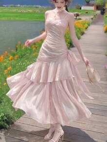 Vestido de fiesta con volantes en el bajo en color borgoña, conjunto brillante rojo para conciertos, vestido formal elegante de tirantes finos para dama de honor, cumpleaños, graduación, ropa de verano y primavera para bodas - Rosa Pálido - Ver 9