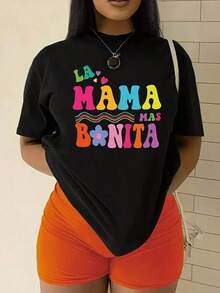 Suave Moderna camiseta gráfica para madres hermosas, blusa de algodón suave, top casual para el día a día, talla única negro, ropa femenina cómoda, regalo ideal día de las madres, camiseta estampada, moda contemporánea,  casual, blusas para mujer>camisa - Negro - Ver 1