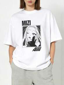 Camiseta de manga corta con cuello redondo suave y casual para mujer, MIZI con estampado gráfico de anime en blanco y negro, adecuada para uso diario. Blanca. - Blanco - Ver 2