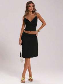 Falda Asimétrica con Pedrería Elegante para Mujer LDGG, Ideal para Verano, Viajes y Playa - Negro - Ver 7