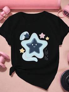 Women's Short Sleeve Sports T-Shirt With Pastel Star Illustration. A Very Distinctive Printed T-Shirt / Unisex Style / Suitable For Both Men And Women / Wrinkle-Resistant / Breathable - 黑色 - 查看 8