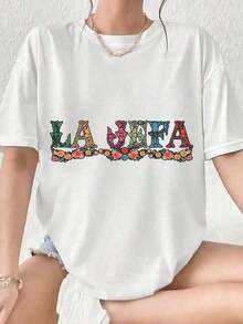 LooseLA Women's Oversized White T-Shirt With Embroidered Style, Boho Chic Graphic Tee With Colorful Floral Design, Casual Urban Top For Everyday Wear, Latin-Inspired Fashion Shirt, Unisex Casual T-Shirts, Basic Cotton Crew Neck T-Shirt For Women - 白色 - 查看 7