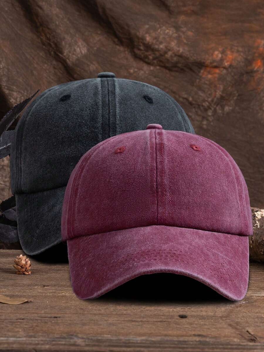 2pcs Unisex Solid Color Outdoor Casual Fashion Adjustable Washed Baseball Cap - Black+Wine Red - View 1