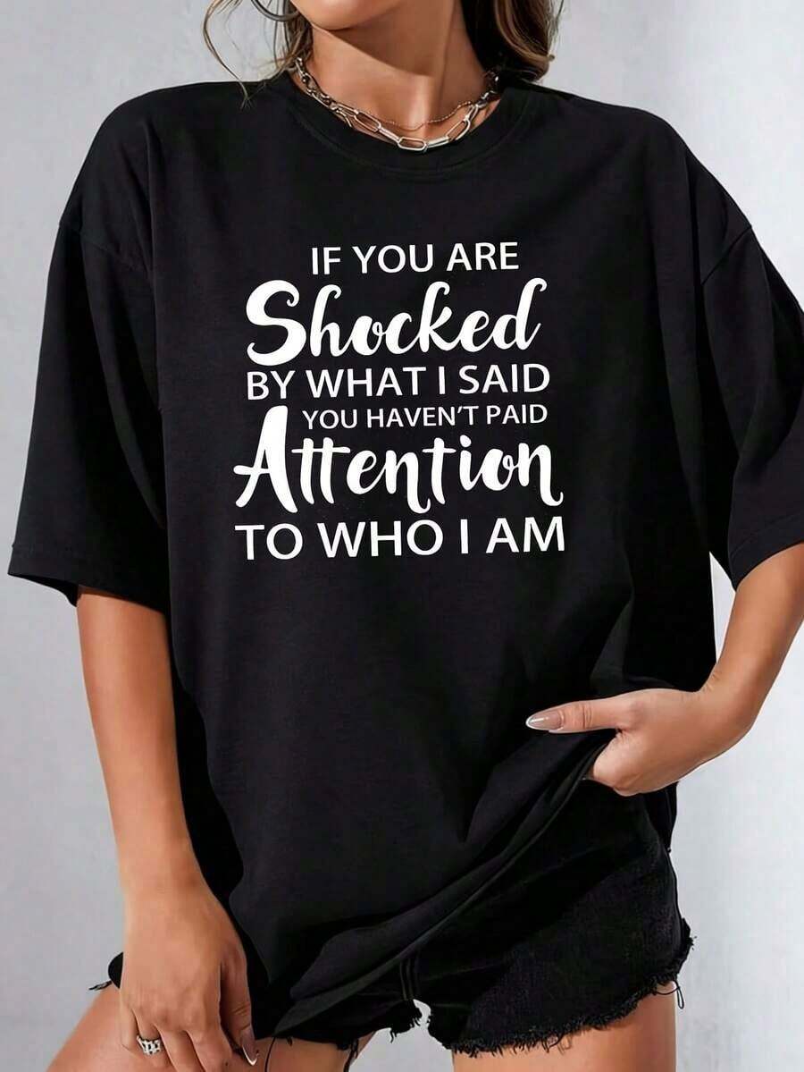 Women's Sets: Women's Letter Print T-Shirt, 100% Polyester, Plus Size, Casual, Funny, Oversized, Graphic Print T-Shirt, Short Sleeve, 1 Piece, Novelty Crew Neck T-Shirt, Women's T-Shirts. - 黑色 - 查看 1