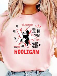 Camiseta de Verano Premium para Mujer con Estampado de  Enmascarado / Capucha Balaclava con Fondo de Estrellas Rojas y Blancas, que realza el aura misteriosa y moderna de la calle, un estampado clásico y simbólico para el hip-hop/subcultura - Camiseta Casual de Manga Corta con Cuello Redondo para Mujer, de Poliéster Suave, Corte Holgado. - Negro - Ver 8