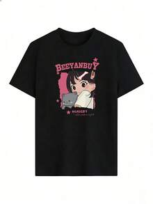 Stylish And Kawaii Short-Sleeve T-Shirt, A  Short-Sleeve T-Shirt For Spring And Summer 2026, Made In Mexico, 180 Grams. Cartoon Print, Couple Design, Suitable For Indoor Or Outdoor Wear. Crew Neck, Unisex, Ideal For The Office And Leisure. One-Pack. - BK-P631577SLNDXZGY569 - 查看 2