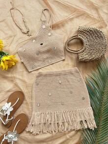 Conjunto de dos piezas de suéter elegante bohemio tropical con flecos y lentejuelas, para mujer, casual, vacaciones, estilo occidental, boda en la playa, graduación, brunch, Día de San Patricio, vacaciones de primavera, Pascua, festival de música, primavera/verano - Albaricoque - Ver 1