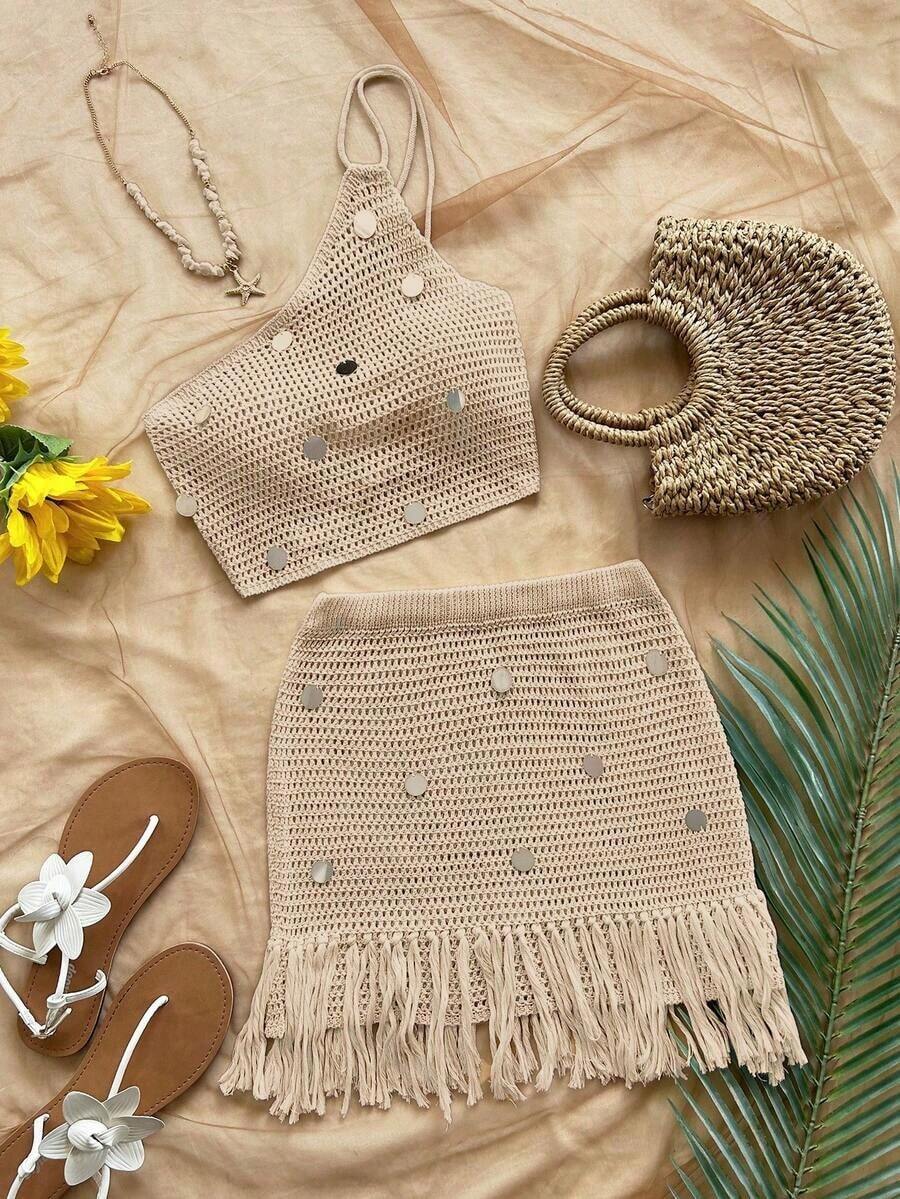 Conjunto de dos piezas de suéter elegante bohemio tropical con flecos y lentejuelas, para mujer, casual, vacaciones, estilo occidental, boda en la playa, graduación, brunch, Día de San Patricio, vacaciones de primavera, Pascua, festival de música, primavera/verano - Albaricoque - Ver 1