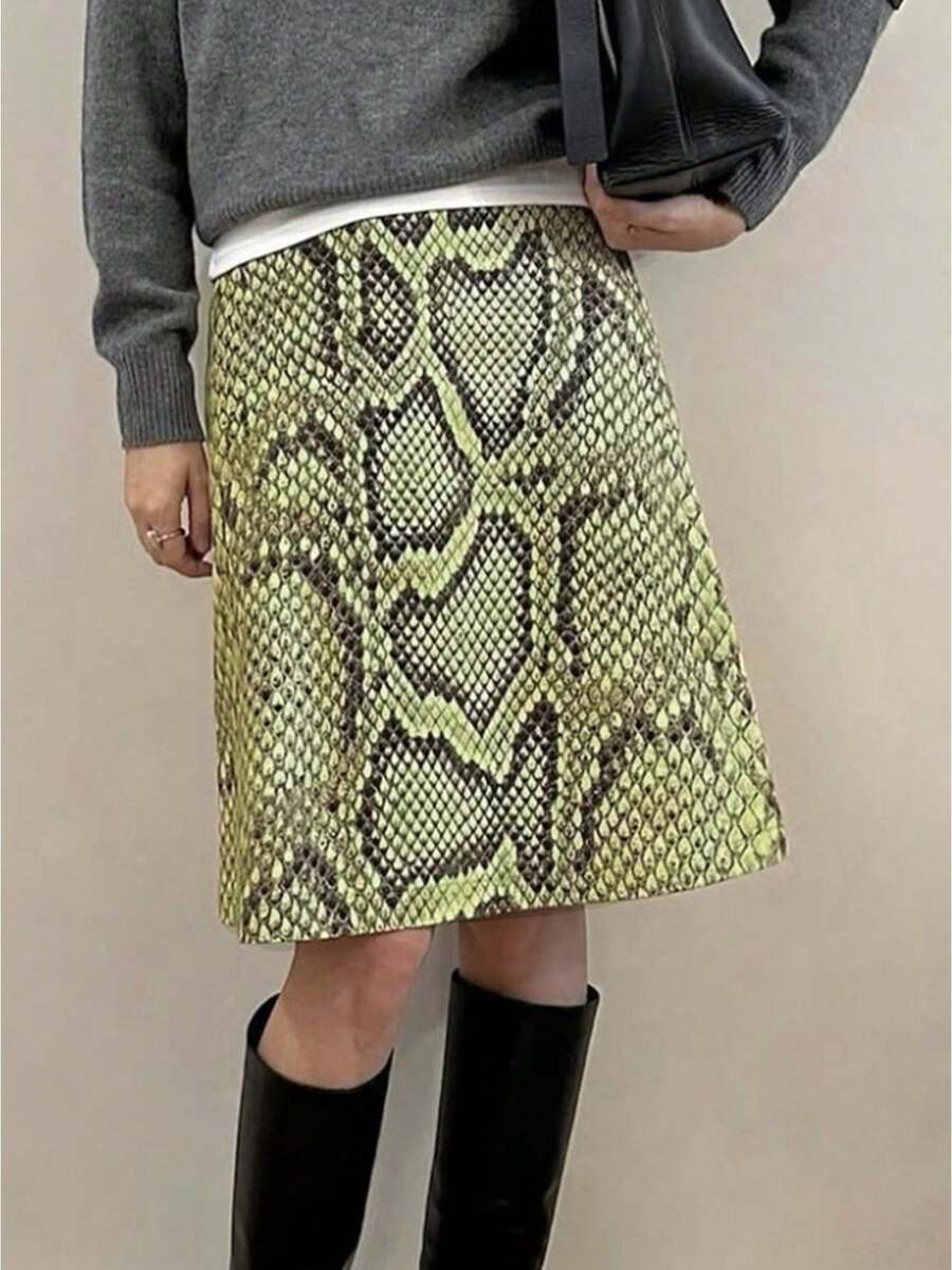 Women's Serpentine Print Skirt High Waist Animal Print Midi A Line Skirt for Summer, Spring - Multicolor - Ver 1