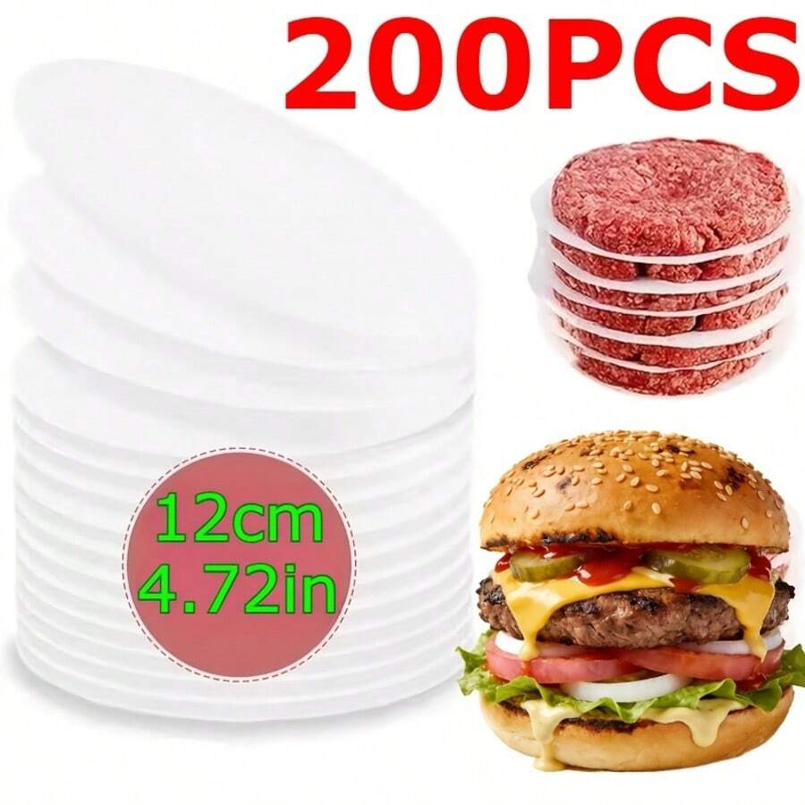 200张预切圆形汉堡纸，优质不粘纸 - 适用于分隔冷冻肉饼，肉饼分离纸，餐厅厨房工具，多功能厨房配件