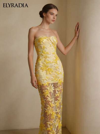 ELYRADIA Women's Summer Elegant Party Dress Beach Vacation Sequin Yellow Floral Embroidery Halter Bridesmaid Long Dress Sexy Slim Fit Wedding Guest Party Luxury Evening Gown