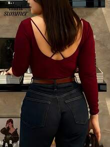 Plus Size Women Deep V Long Sleeve Bodysuit, Crisscross Back Slim Fitted Solid Black Basic Casual Top - Burgundy - View 2