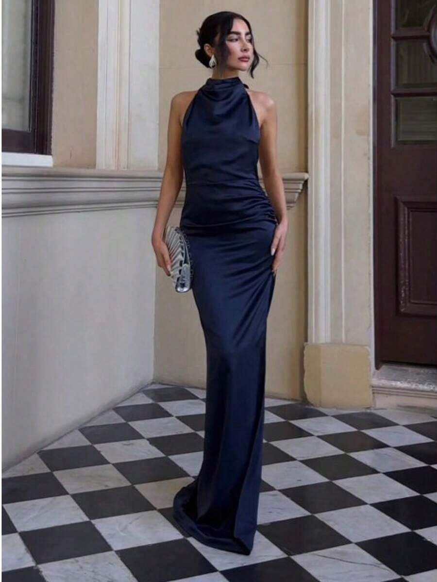 Nuevo vestido elegante de fiesta de cola de sirena con cintura alta plisada, sin mangas, color verde militar sólido, adecuado para boda, fiesta, cita, Día de San Valentín, primavera - Azul marino - Ver 1