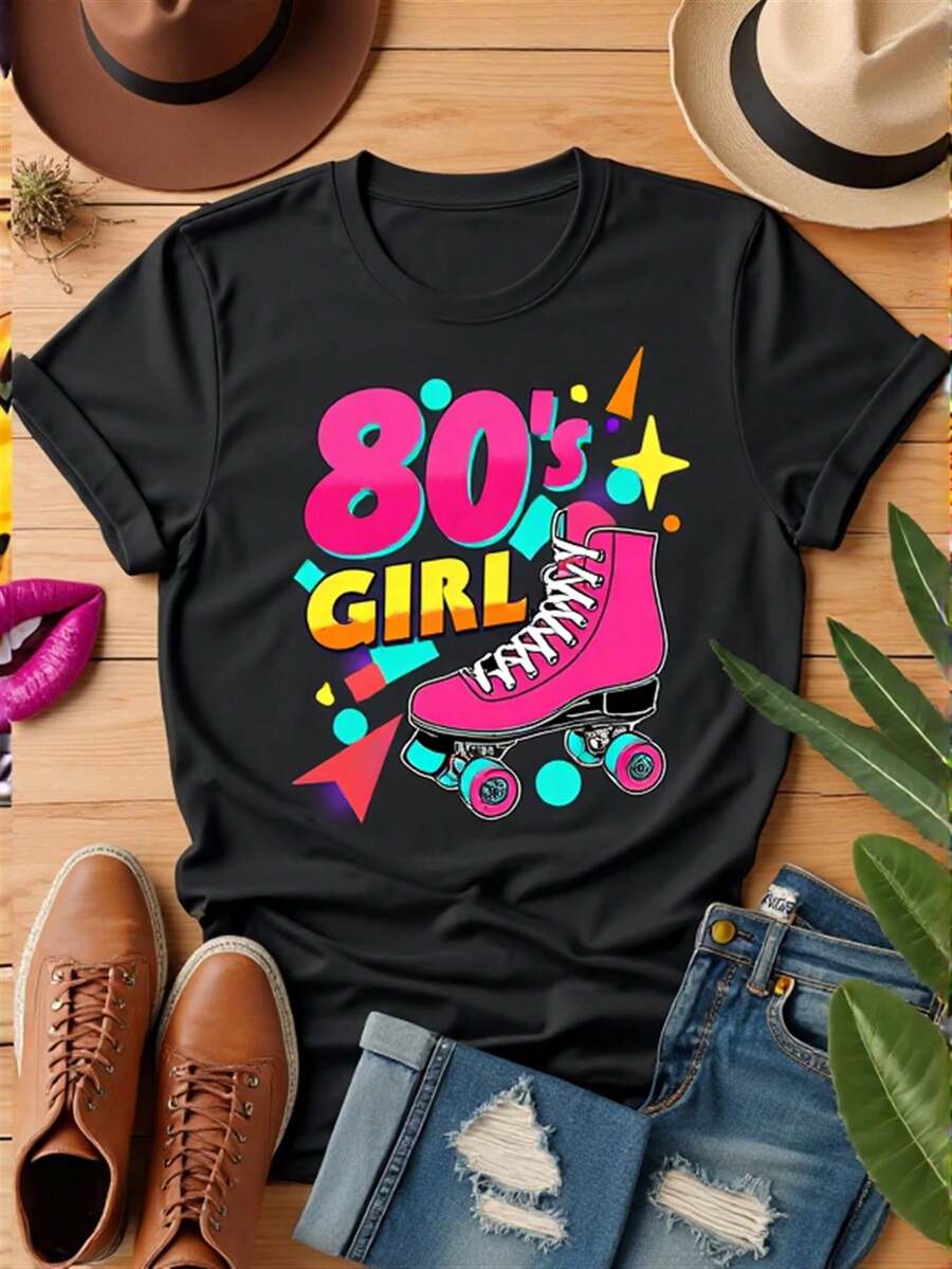 Camiseta de manga corta con estampado de patines retro de los 80 y labios para mujer - Top casual de cuello redondo con estampado de patines retro, adecuado para fiestas de primavera y verano, ropa temática de los 80 para patinar y uso diario - Ajuste cómodo con un estilo nostálgico que evoca el encanto de los años 80. - Especificación - Ver 1