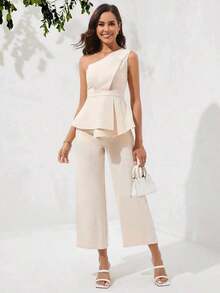 Conjunto de blusa sin mangas de un hombro y pantalones largos con cintura ajustable en unicolor elegante para mujer, ideal para verano - Albaricoque - Ver 2