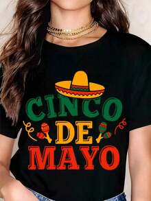 Women's Vintage T-Shirt With Cinco De Mayo Party Hat And Maracas Print, Casual, Crew Neck, Short Sleeve, Perfect As A Birthday Gift, Suitable For All Seasons, Graphic Tee For Everyday Outdoor Wear - 黑色 - 查看 6