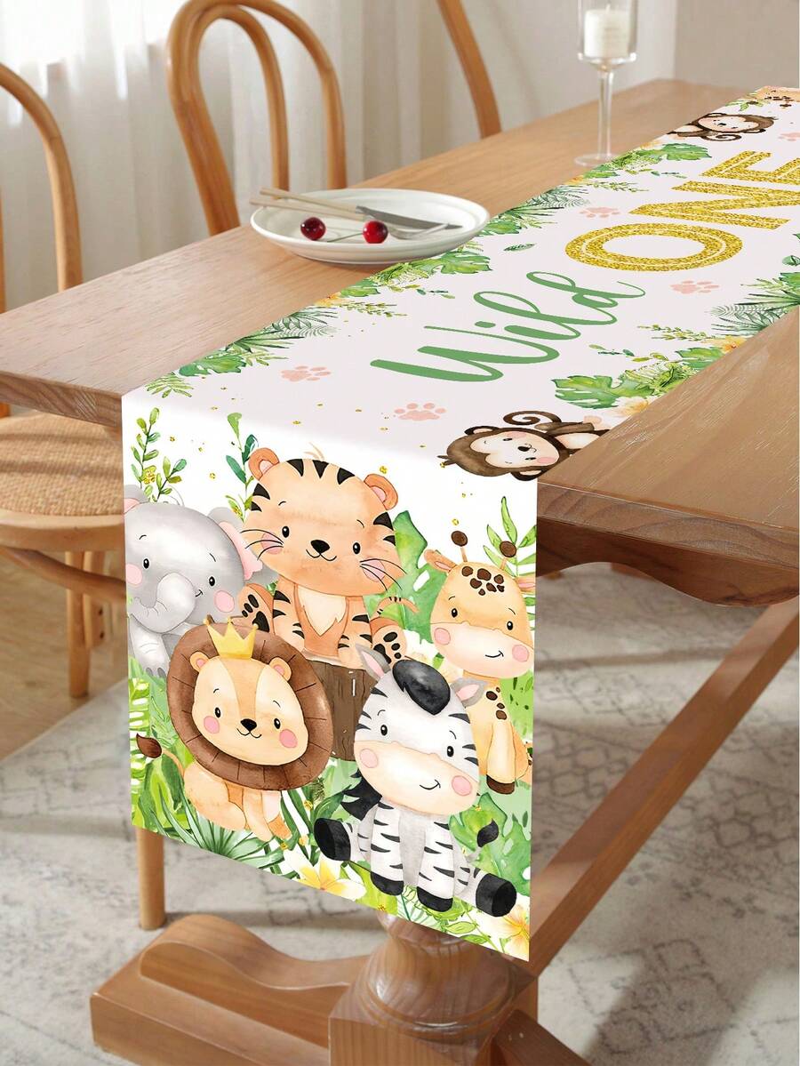 1pc Forest Animal Pattern Table Runner, Animal Pattern Tablecloth, Animal Theme Party Table Runner, Animal Lover Desktop Decor, Birthday Party Decoration, Kitchen Dining Table Decor, Gender Reveal Party Tablecloth, Baby Shower Party Supplies, Home Decor, Kitchen Accessories, Room Decoration, Party Favors