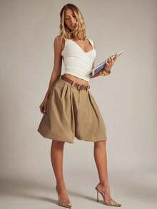 Pantalón corto/largo de mujer con dobladillo acampanado y fruncido - Caqui - Ver 7